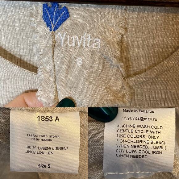 Yuvita 100% Linen Beige Tunic Mini Dress 3/4 Bell Sleeve Lagenlook size Small - Picture 5 of 5